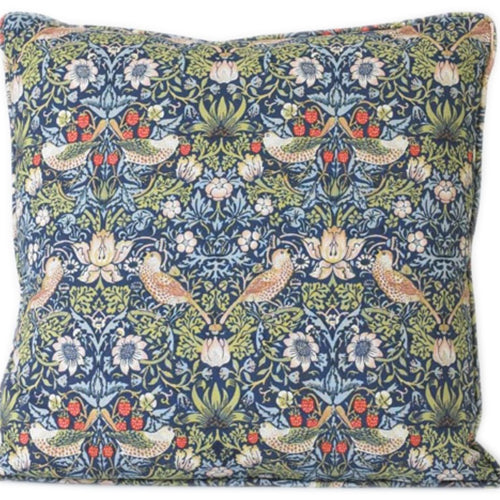 ウィリアムモリス パイピングクッションカバー Strawberry Thief Blue いちご泥棒