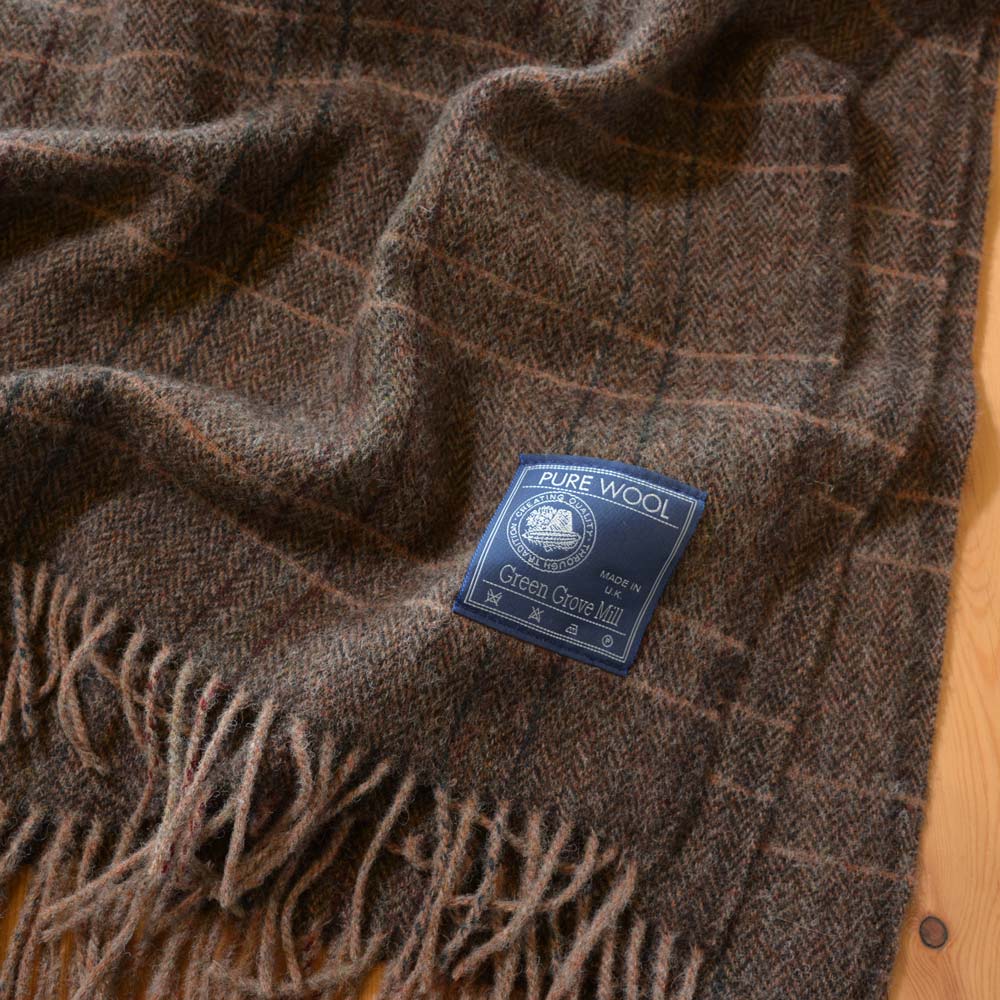 Green Grove 英国製 ウール ひざ掛け Peat Brown 高級 ツイード スローケット