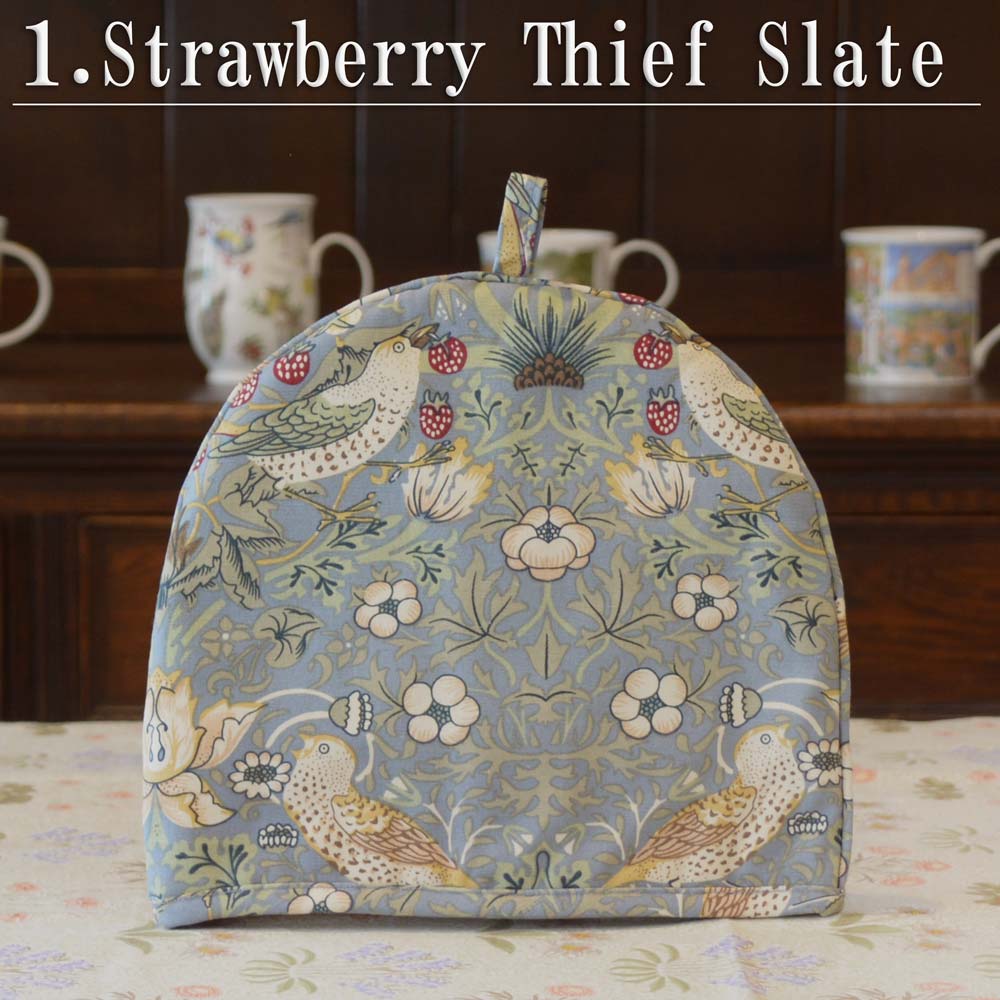 ウィリアム・モリス Gallery Mini Tea Cozy Strawberry Thief Slate(ストロベリーシーフ いちご泥棒 スレート)、ティーポットカバー、保温カバー、品番LCMTCGY76、画像1