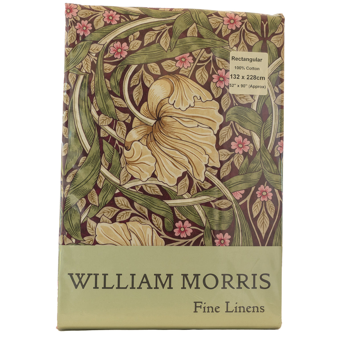 ウィリアム・モリス(William Morris)のコットンテーブルクロス。長方形132×228cm、Aubergine Pimpernel(オーベルジーヌ・ピンパーネル)。柄のデザイン画像。品番LCTBCSNCTR22873