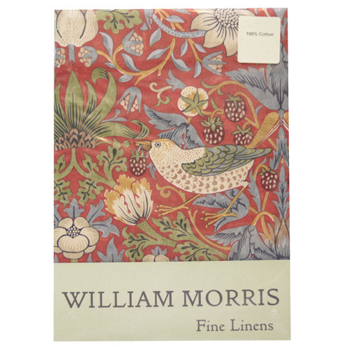 ウィリアム・モリス(William Morris)のコットンテーブルクロス。長方形132×228cm、Strawberry Thief Crimson(ストロベリーシーフ・クリムゾン/いちご泥棒)。柄のデザイン画像。品番LCTBCSNCTR22875
