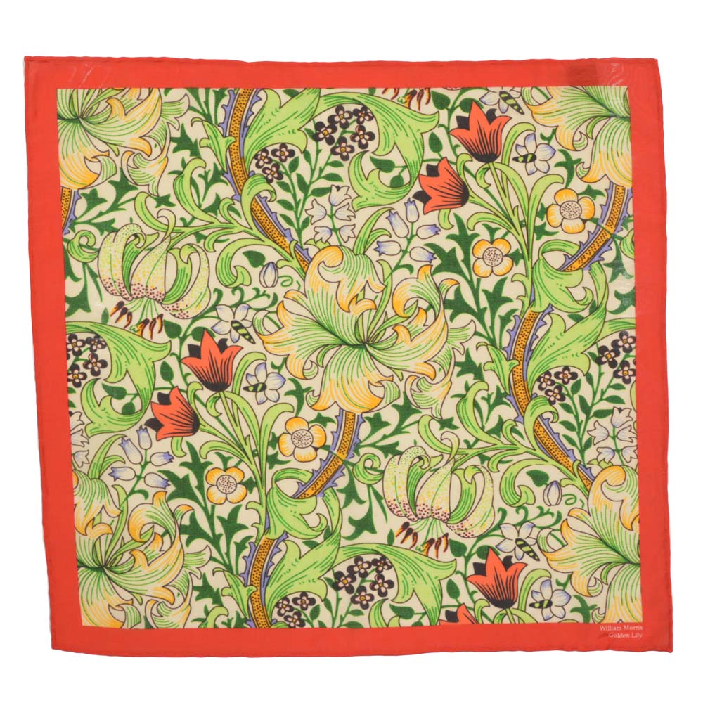 Le Chateau 英国製 ウィリアムモリス シルク＆コットンハンカチーフ [40cm×40cm] 高級 ハンカチ Golden Lily ゴールデンリリー ユリ