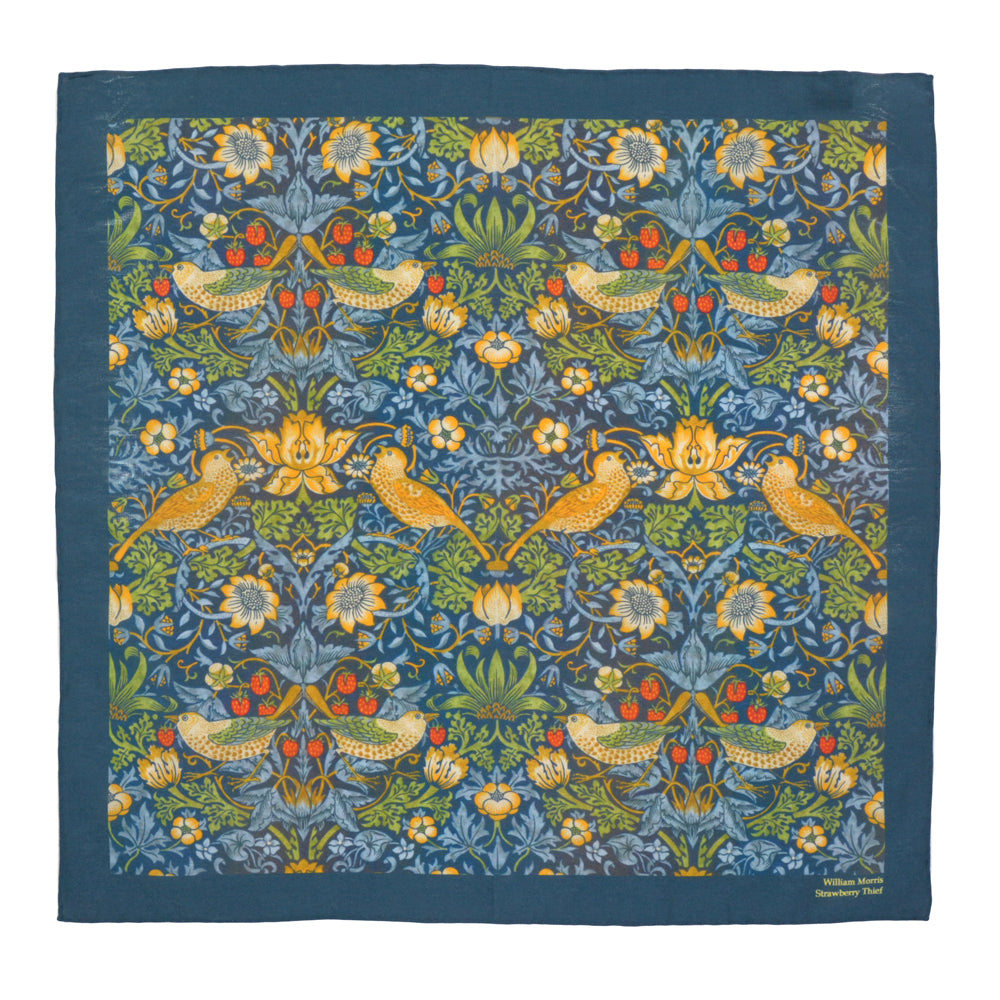 Le Chateau 英国製 ウィリアムモリス シルク＆コットンハンカチーフ [40cm×40cm] 高級 ハンカチ Strawberry Thief Blue いちご泥棒