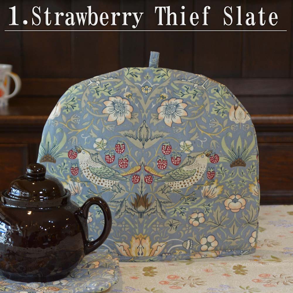 ウィリアム・モリス Gallery Strawberry Thief Slate（ストロベリーシーフ スレート、いちご泥棒）のティーコジー、ティーポットカバー、保温カバーの共通画像