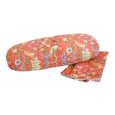ウィリアム・モリス William Morris メガネケース Strawberry Thief Red（いちご泥棒 レッド） 15×5×3.3cm、金属製、ナイロン生地、クリーニングクロス付き、英国雑貨、品番GCA033、画像1