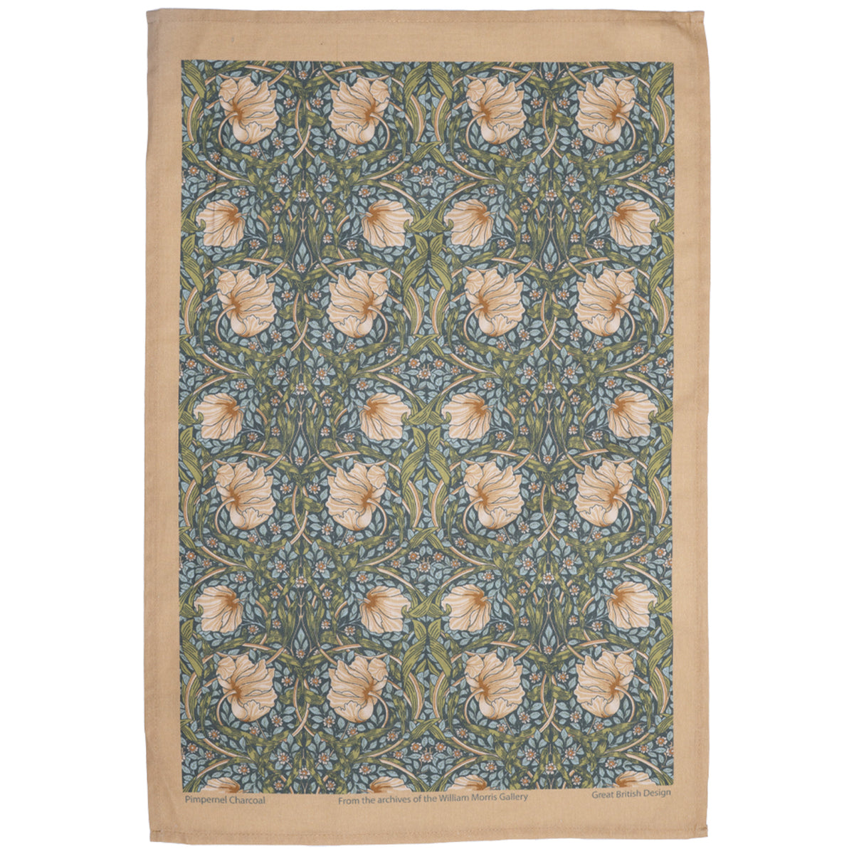 ウィリアム・モリス ティータオル Pimpernel Charcoal（ピンパーネル ルリハコベ チャコール）、英国デザイン、品番LCTT74、画像1
