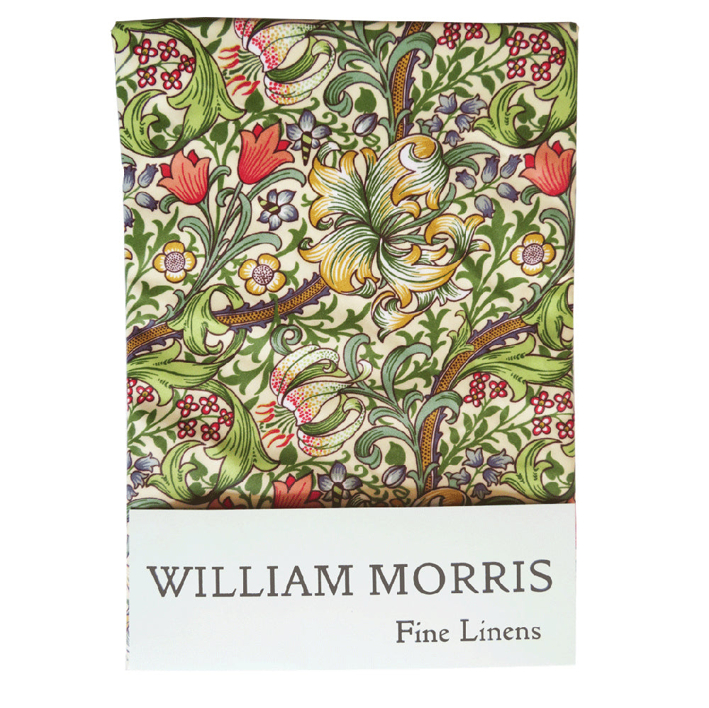 ウィリアム・モリス（William Morris）のコットンテーブルクロス。円形直径132cm、Golden Lily（ゴールデンリリー）。品番LCTBCSNCTC13296